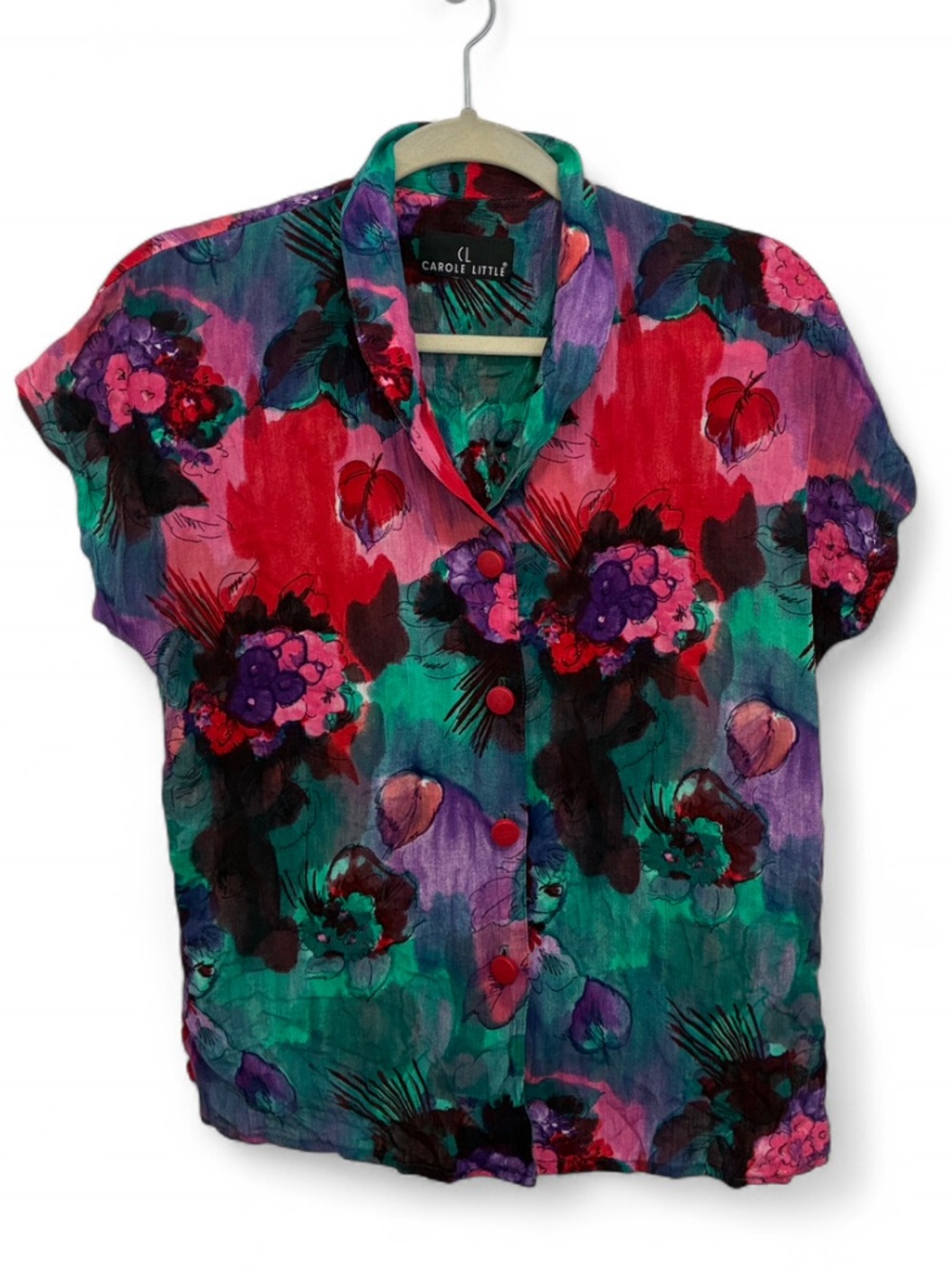 Y2K Carole Little Multicolor Artsy Floral Button-Front Short Sleeve Top